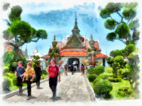 Antica Architettura Della Thailandia Acquerello Stile Illustrazione Impressionista Pittura — Foto Stock