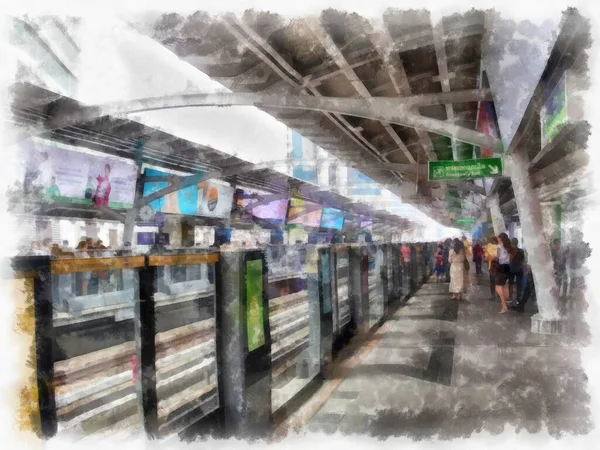 Train Station Watercolor Style Illustration Impressionist Painting — Stock Photo, Image