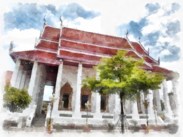 タイの古代建築水彩画スタイルのイラスト印象派絵画 — ストック写真
