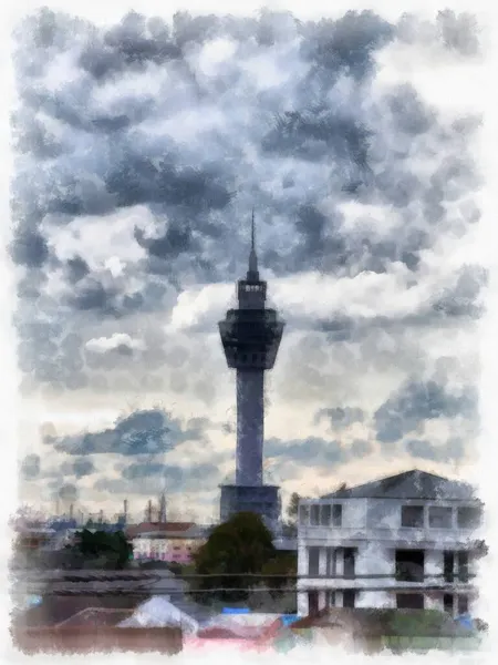 Torre Alta Cidade Aquarela Estilo Ilustração Impressionista Pintura — Fotografia de Stock