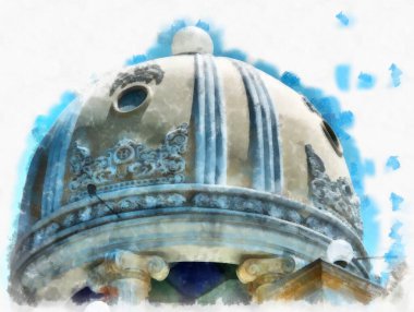 Eski binaların kubbesi suluboya resim çizimi.