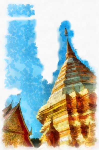 Tayland suluboya tarzının antik mimarisi empresyonist resim.