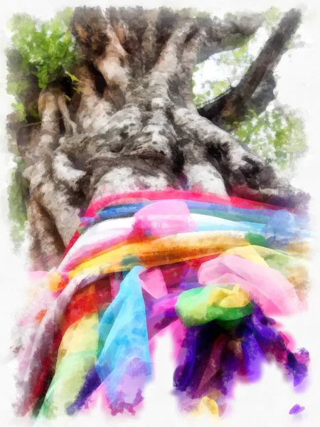 ガジュマルの木やカラフルな布水彩スタイルのイラスト印象派の絵画 — ストック写真