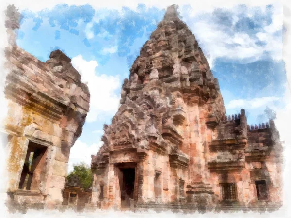 Αρχαία Αρχιτεκτονική Της Ταϊλάνδης Ακουαρέλα Στυλ Εικονογράφηση Ιμπρεσιονιστική Ζωγραφική — Φωτογραφία Αρχείου
