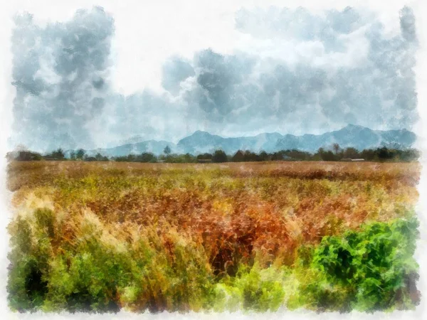 Landscape Grassland Sky Watercolor Style Illustration Impressionist Painting — Stock Photo, Image