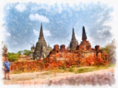 Tayland suluboya tarzının antik mimarisi empresyonist resim.