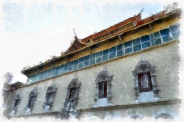 Tayland suluboya tarzının antik mimarisi empresyonist resim.