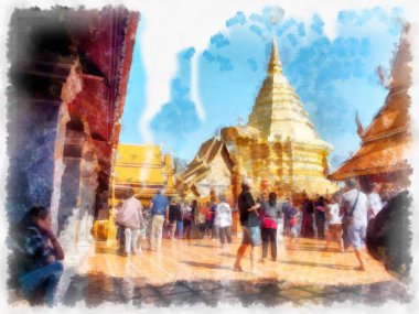 Tayland suluboya tarzının antik mimarisi empresyonist resim.