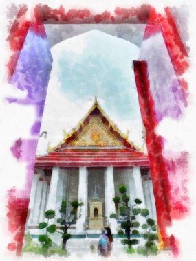 Tayland suluboya tarzının antik mimarisi empresyonist resim.
