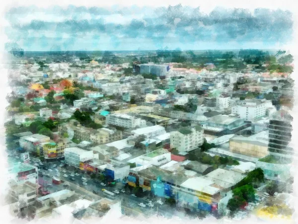 Τοπίο Των Κτιρίων Στην Πόλη Ακουαρέλα Εικονογράφηση Ιμπρεσιονιστική Ζωγραφική — Φωτογραφία Αρχείου