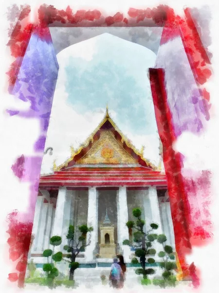 Architecture Ancienne Thaïlande Aquarelle Style Illustration Peinture Impressionniste — Photo