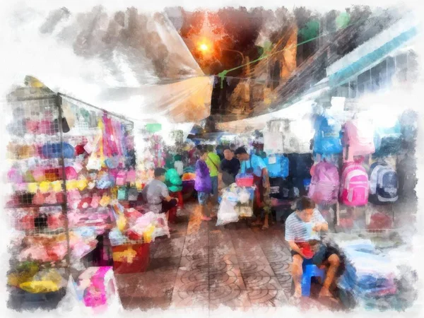 Нічний Ринок Стилі Акварелі Таїланду Ілюструє Імпресіоністський Живопис — стокове фото