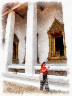 Tayland suluboya tarzının antik mimarisi empresyonist resim.