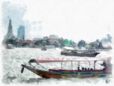 Şehir nehir manzarası suluboya stili çizim empresyonisti.