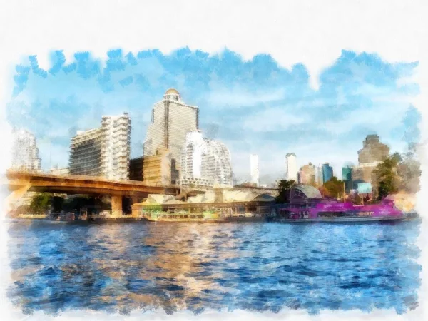 城市河流景观水彩画图解印象派绘画 — 图库照片