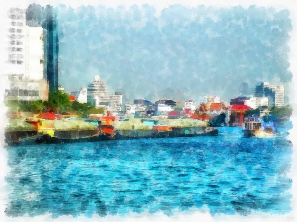 Stad Flod Landskap Akvarell Stil Illustration Impressionist Målning — Stockfoto