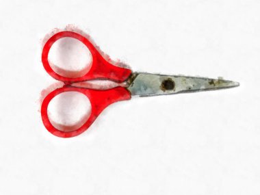 Beyaz zemin üzerinde küçük kırmızı makas suluboya stili illüstrasyon ressamı.