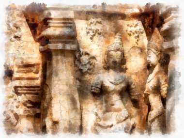 Tayland suluboya tarzının antik mimarisi empresyonist resim.