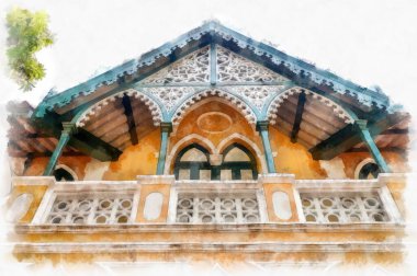 Tayland suluboya tarzının antik mimarisi empresyonist resim.