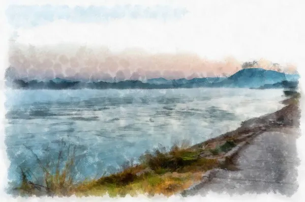 Paysage Mékong Thaïlande Aquarelle Style Illustration Peinture Impressionniste — Photo