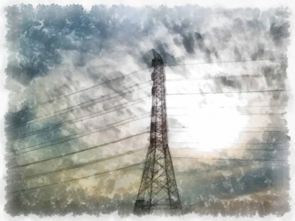 Alta Tensão Torre Transmissão Aquarela Estilo Ilustração Impressionista Pintura — Fotografia de Stock