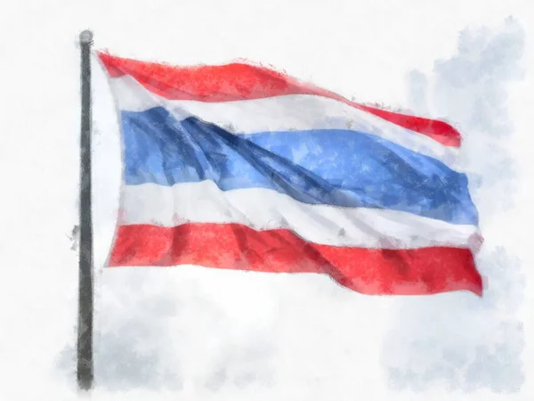 Tajska Flaga Maszcie Akwarelowym Stylu Ilustracji Impresjonistyczne Malarstwo — Zdjęcie stockowe