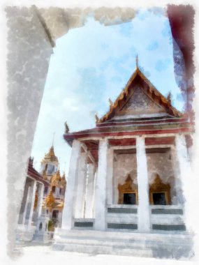 Tayland suluboya tarzının antik mimarisi empresyonist resim.
