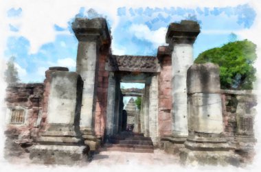 Tayland suluboya tarzının antik mimarisi empresyonist resim.