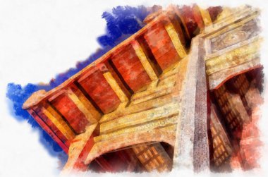 Tayland suluboya tarzının antik mimarisi empresyonist resim.