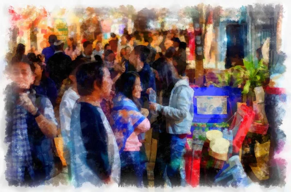 Mercado Nocturno Tailandia Acuarela Estilo Ilustración Pintura Impresionista —  Fotos de Stock