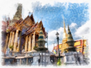 Tayland suluboya tarzının antik mimarisi empresyonist resim.