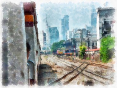 Tren istasyonu suluboya stili illüstrasyon ressamı.