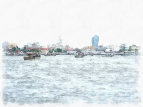 曼谷潮府河水彩画的风景 印象派绘画 — 图库照片