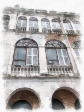 Eski Avrupa mimarisi suluboya resim çizimi.