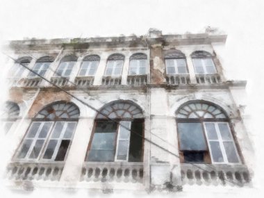 Eski Avrupa mimarisi suluboya resim çizimi.