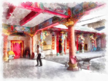 Eski Çin tapınağı suluboya stili illüstrasyon ressamı.