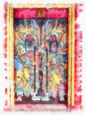 Eski Çin tapınağı suluboya stili illüstrasyon ressamı.