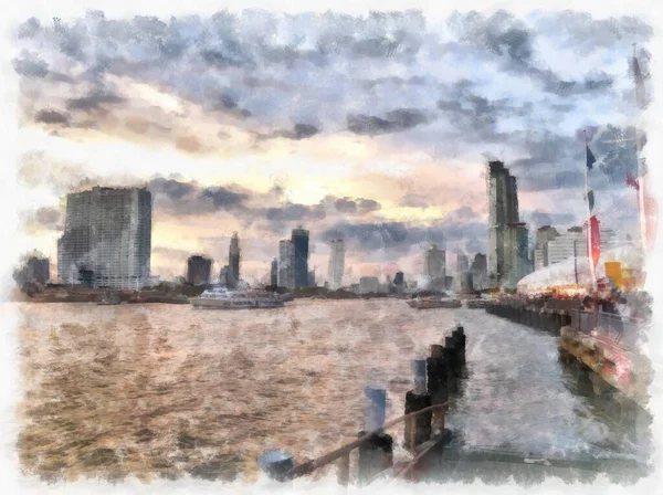 Şehir nehir manzarası suluboya stili çizim empresyonisti.