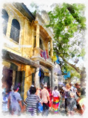 Bangkok peyzajı suluboya resim ressamı.