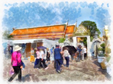 Tayland suluboya tarzının antik mimarisi empresyonist resim.