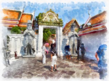 Tayland suluboya tarzının antik mimarisi empresyonist resim.