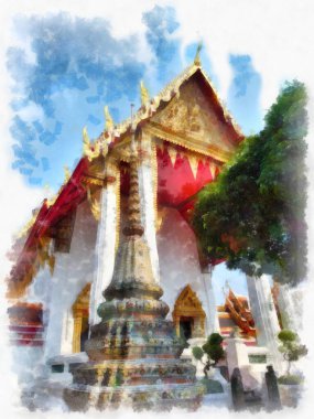 Tayland suluboya tarzının antik mimarisi empresyonist resim.