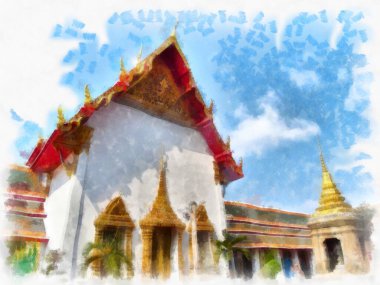 Tayland suluboya tarzının antik mimarisi empresyonist resim.