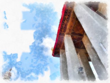 Tayland suluboya tarzının antik mimarisi empresyonist resim.