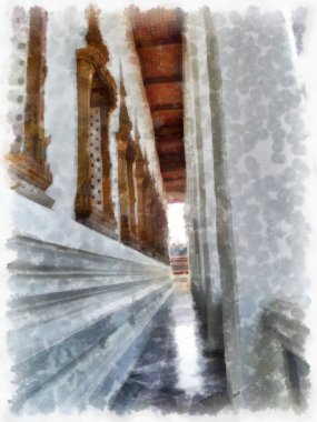 Tayland suluboya tarzının antik mimarisi empresyonist resim.