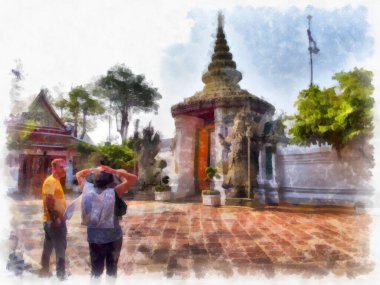 Tayland suluboya tarzının antik mimarisi empresyonist resim.