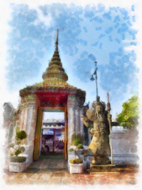 Tayland suluboya tarzının antik mimarisi empresyonist resim.