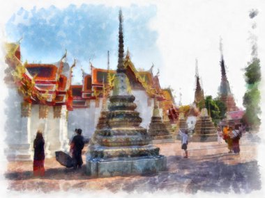 Tayland suluboya tarzının antik mimarisi empresyonist resim.