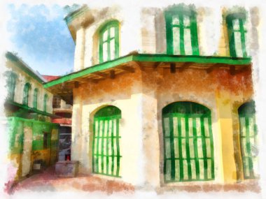 Eski Avrupa mimarisi suluboya resim çizimi.