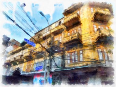 Eski Avrupa mimarisi suluboya resim çizimi.